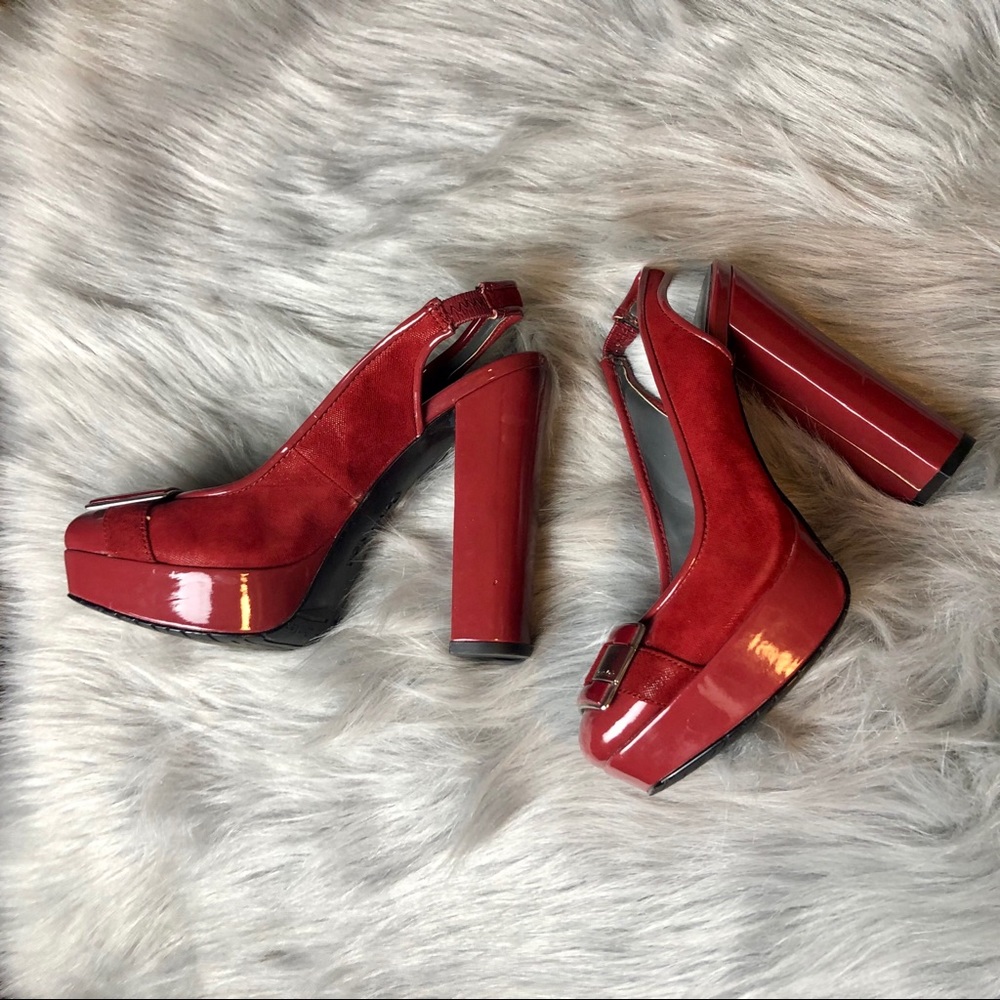 Calvin Klein red buckle heel sling backs
